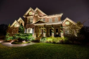 Custom Christmas light installation on a Nashville area home by Red Nose Lites