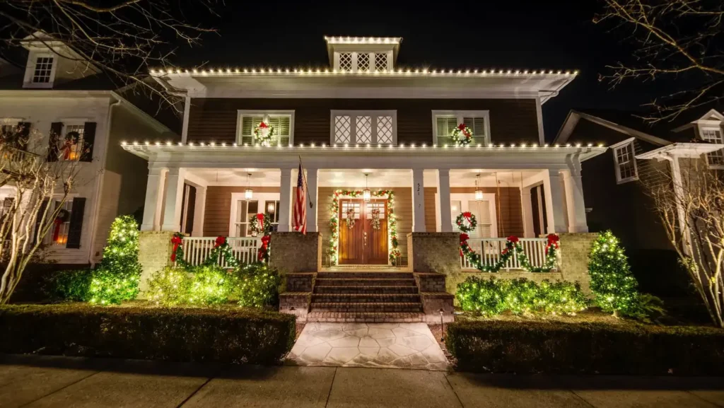 Custom-cut Christmas lights on a two-story Nashville area home